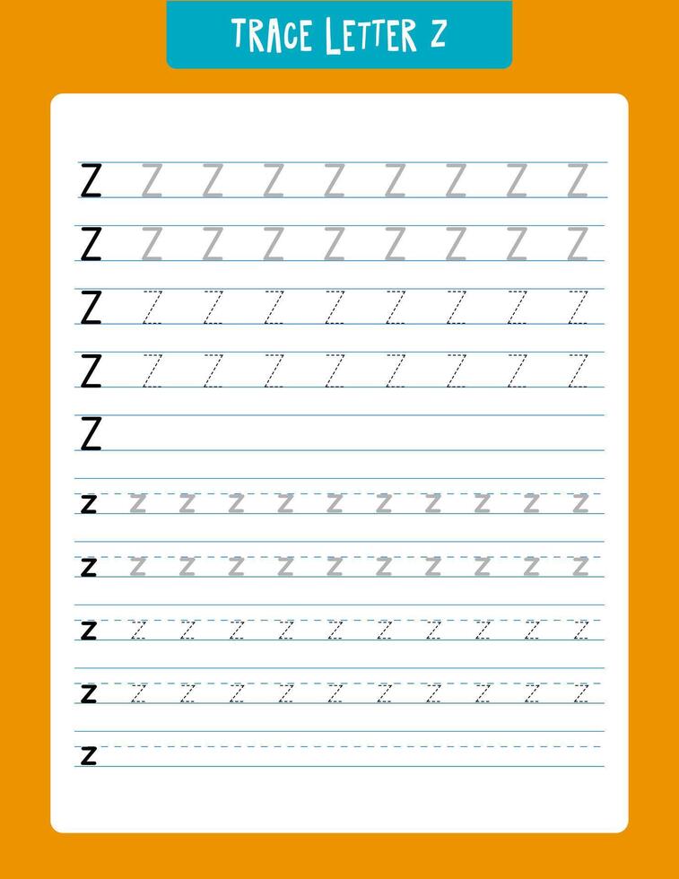 Educational tracing worksheet designed to help young children learn how to write the letter z. features multiple lines with different styles of z, including dotted lines for tracing and solid lines for practice. vector