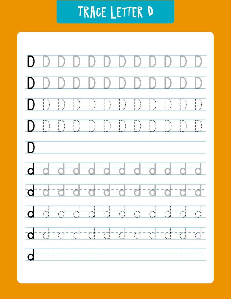 A preschool and kindergarten handwriting practice sheet focusing on the letter 'd'. the worksheet features traceable uppercase and lowercase letters, aiding young children in developing fine motor skills and letter recognition. vector