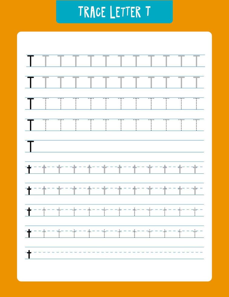 Printable worksheet designed to help preschoolers learn how to trace the letter t. the worksheet features various tracing exercises progressing from guided to independent tracing lines to develop early childhood literacy and fine motor skills. vector