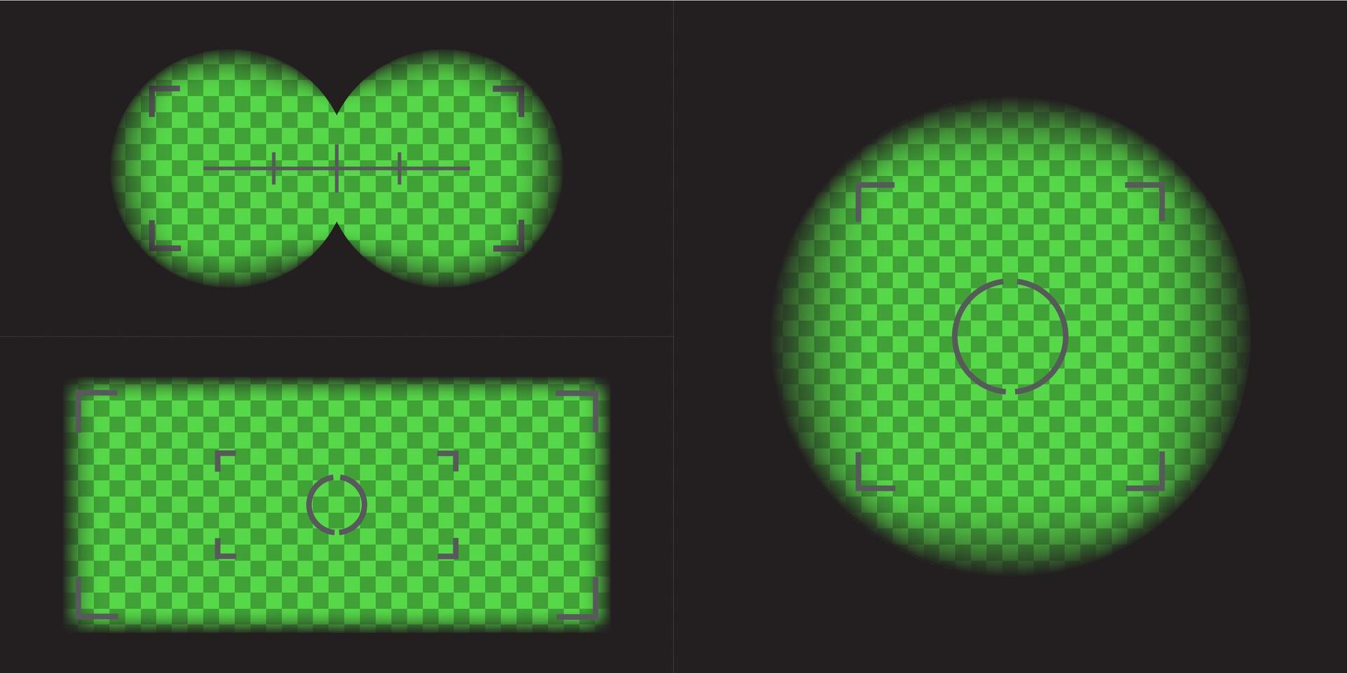 camera, binocular and camera roll viewfinder overlay green night vision. Camera and binocular frame template. Black lines on background. vector