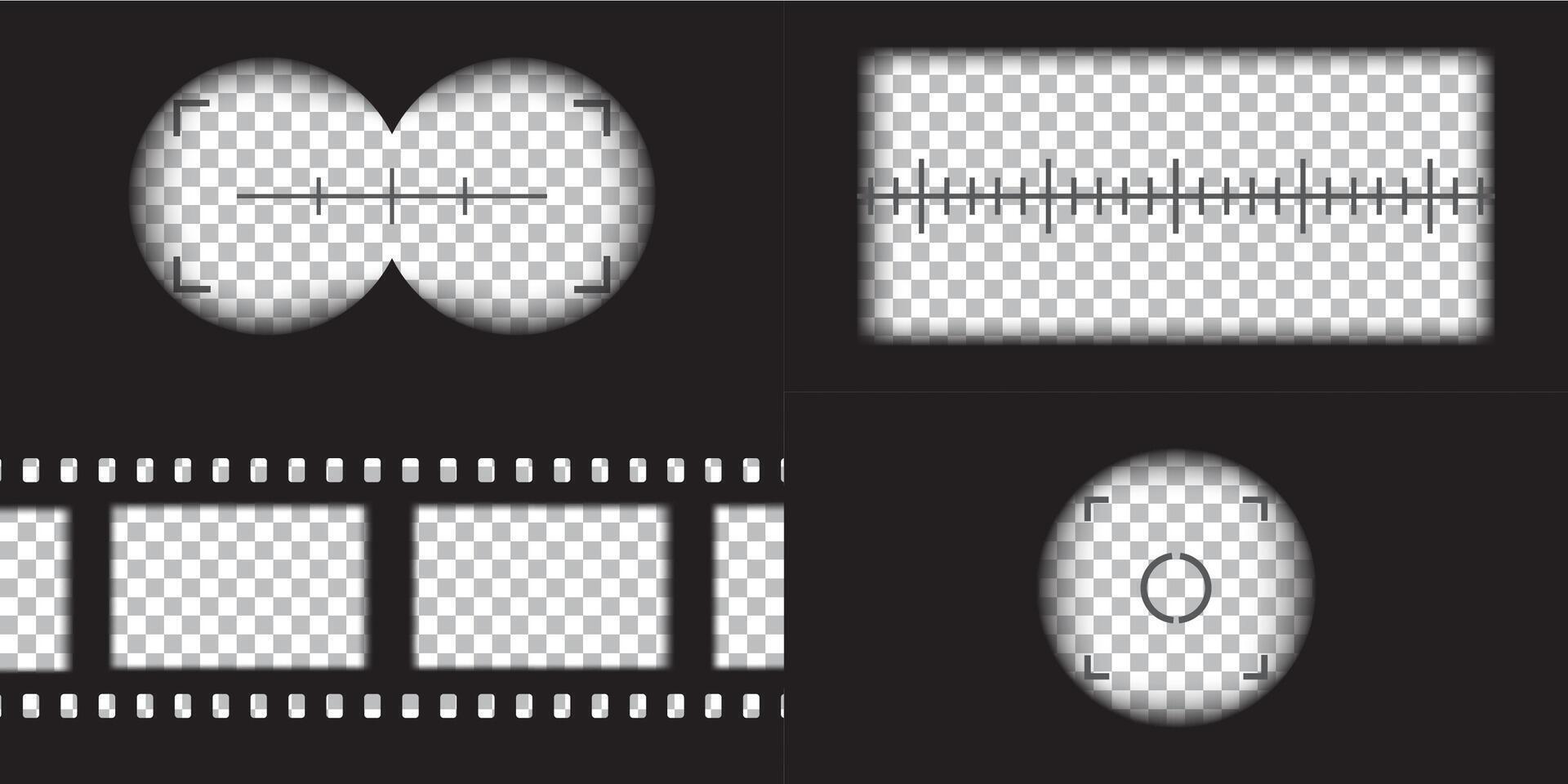 camera, binocular and camera roll viewfinder overlay. Camera and binocular frame template. Black lines on background. vector