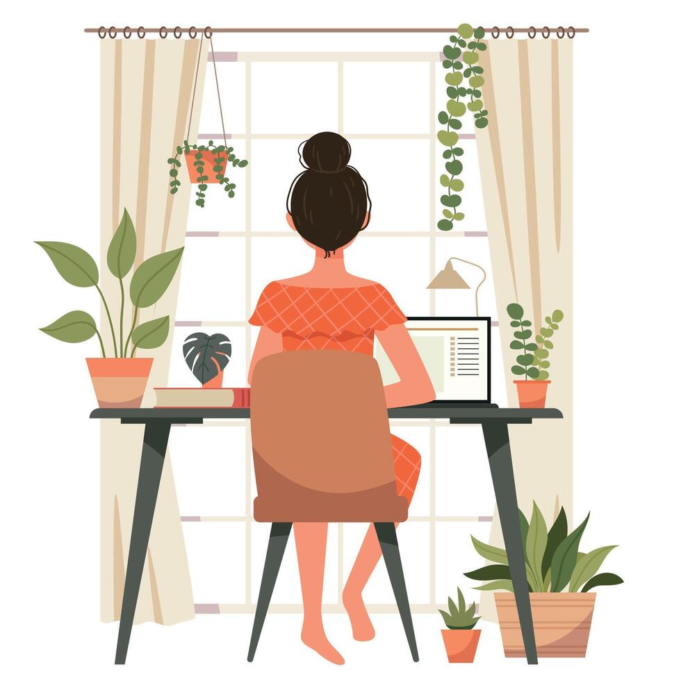 Person sitting at computer desk. Woman with correct back posture on chair, working at desktop, table. Girl at good workplace. vector