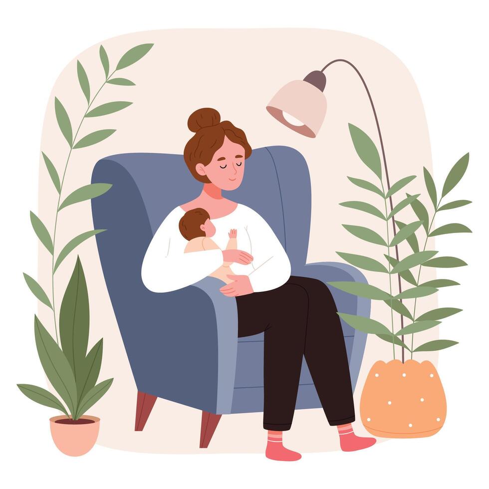 Mother sitting in armchair with child. vector
