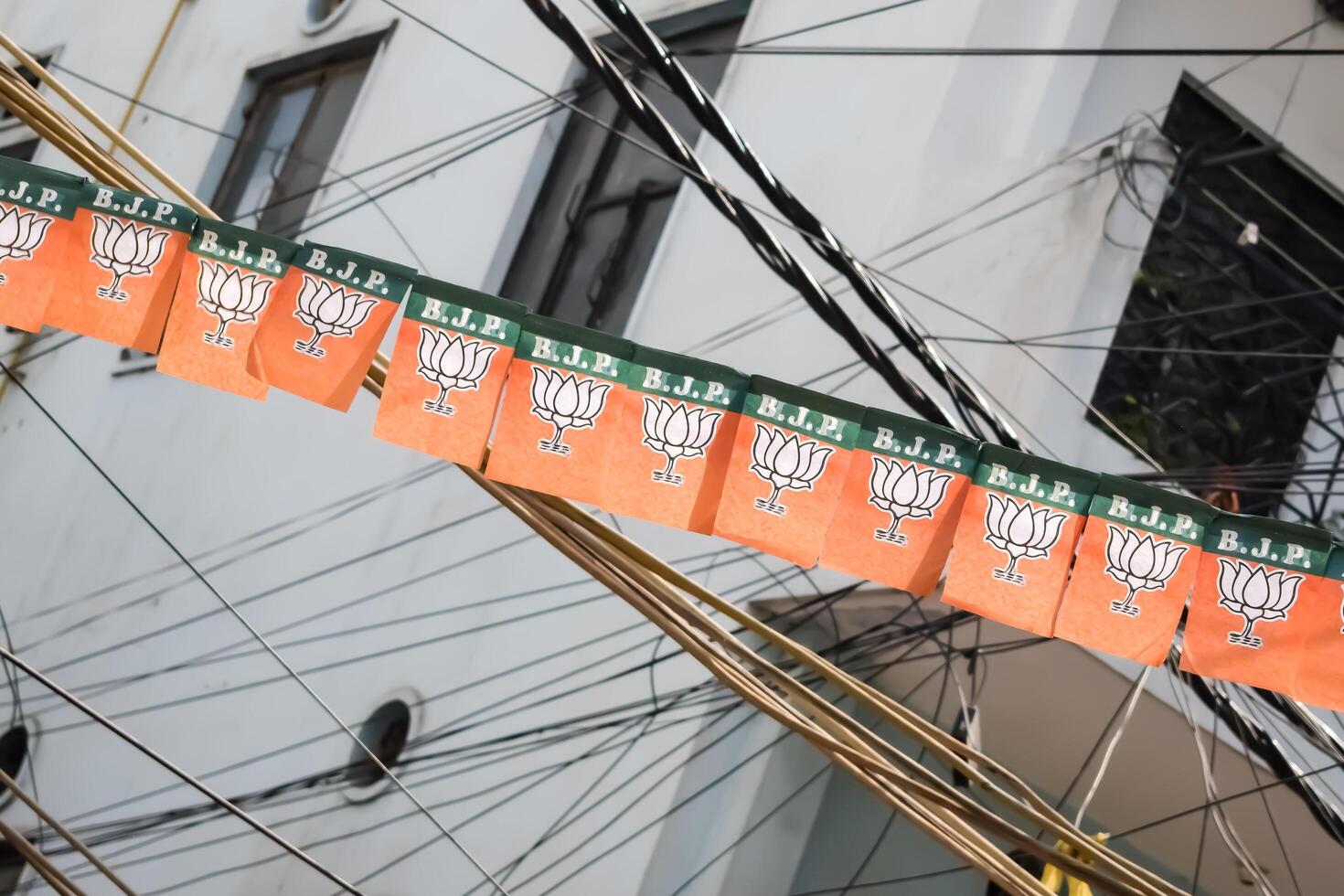 New Delhi, India - May 23 2024 - Bharatiya Janata Party Logo of Indian political party, BJP Bhartiya Janta Party Symbol during PM road show in Delhi, India, BJP Sign and Symbol photo