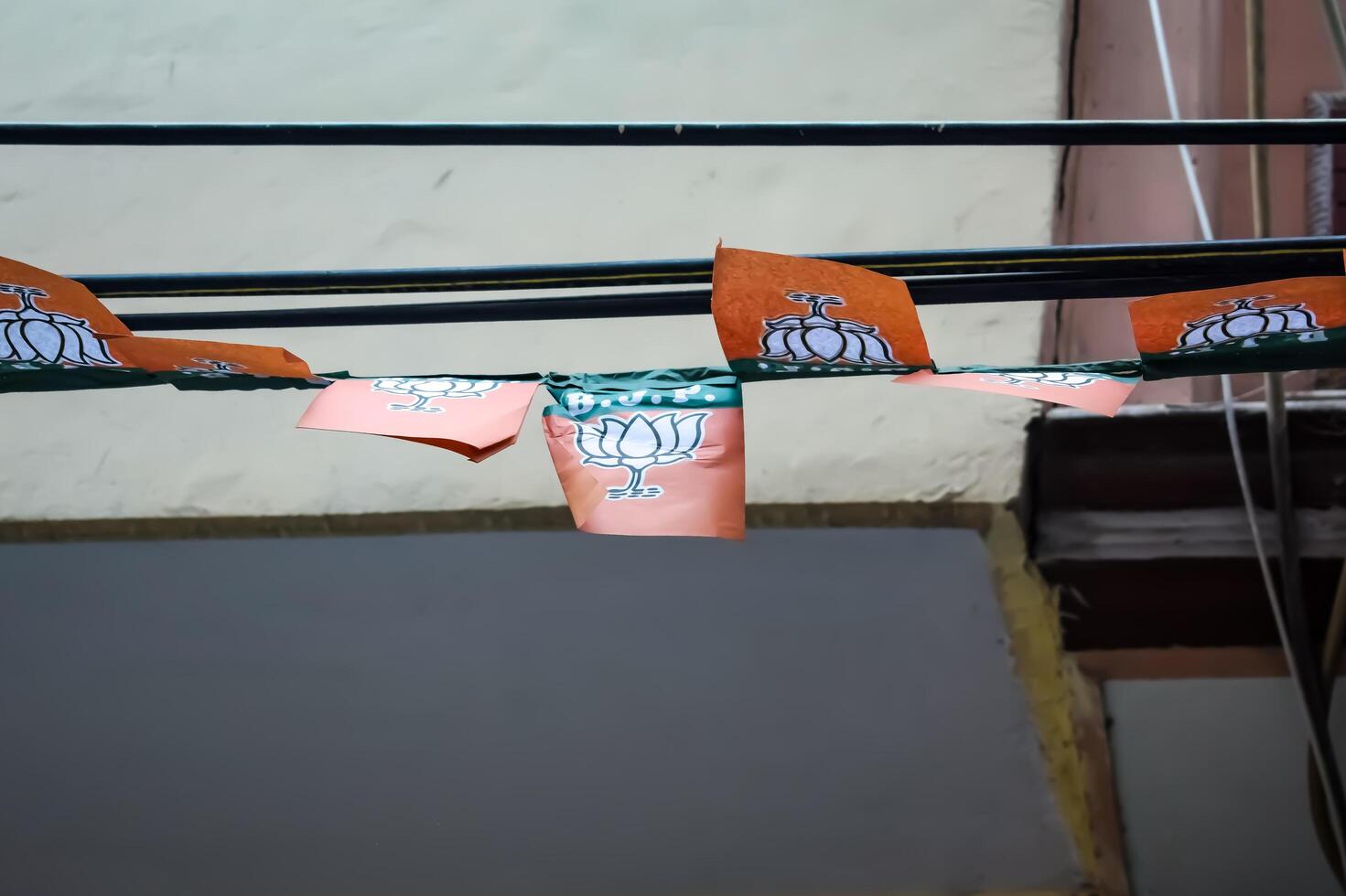 New Delhi, India - May 23 2024 - Bharatiya Janata Party Logo of Indian political party, BJP Bhartiya Janta Party Symbol during PM road show in Delhi, India, BJP Sign and Symbol photo