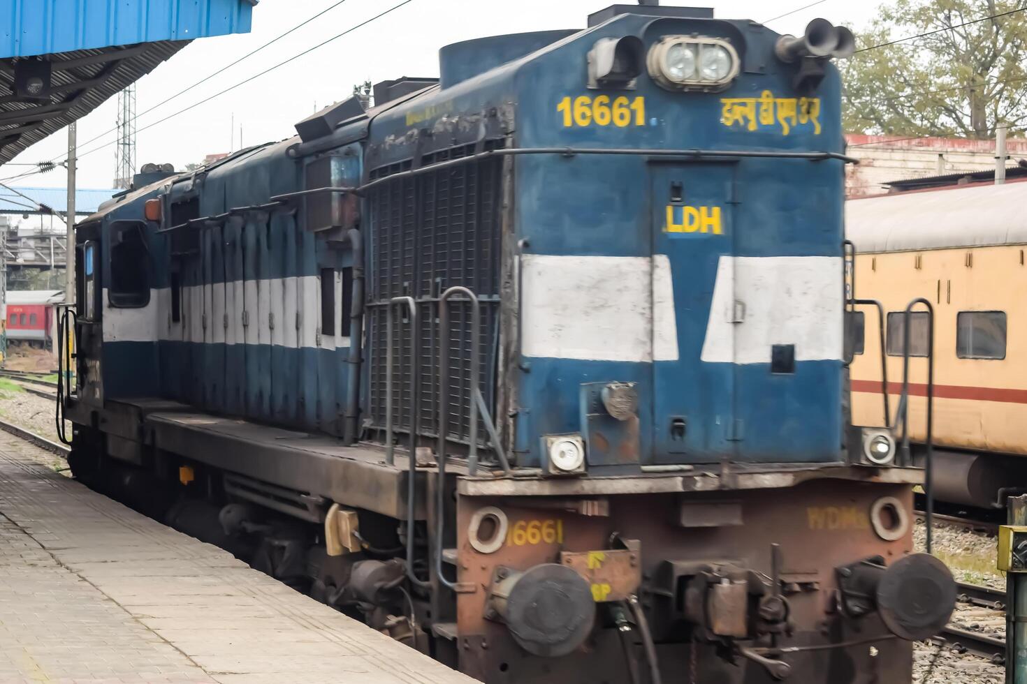 Amritsar, India, May 03 2024 - Indian train electric locomotive engine at Amritsar railway station during the day time, Amritsar Shatabdi train electrical locomotive engine photo