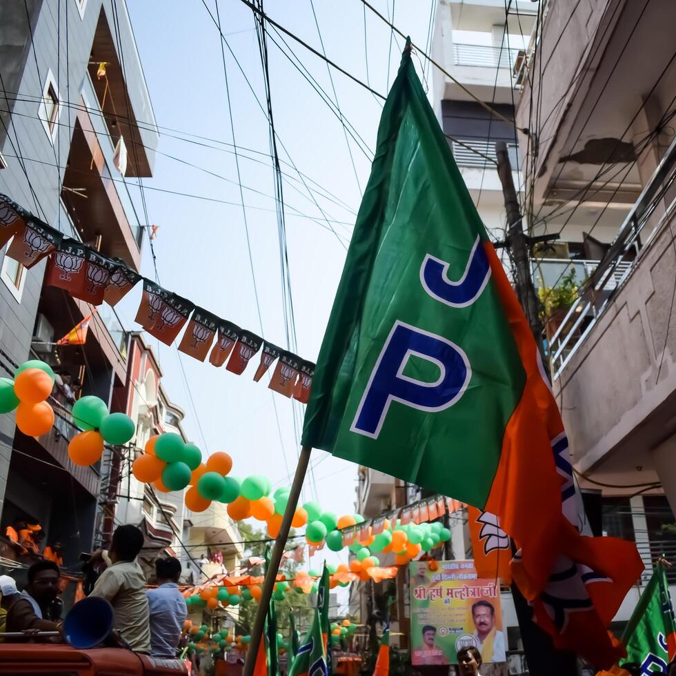 New Delhi, India - May 17 2024 - Thousands of people collected during Prime Minister Narendra Modi BJP road show, people during PM Modi big election rally in the capital photo