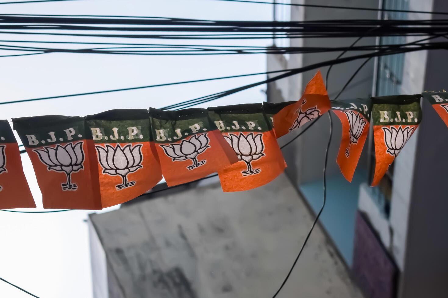 New Delhi, India - May 23 2024 - Bharatiya Janata Party Logo of Indian political party, BJP Bhartiya Janta Party Symbol during PM road show in Delhi, India, BJP Sign and Symbol photo