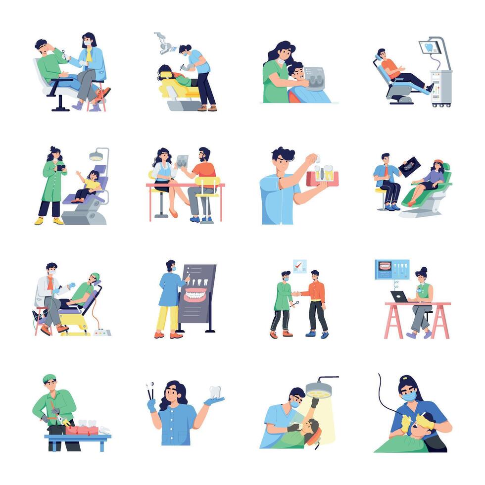 Set of 16 Flat Style Dentist Activities Illustrations vector