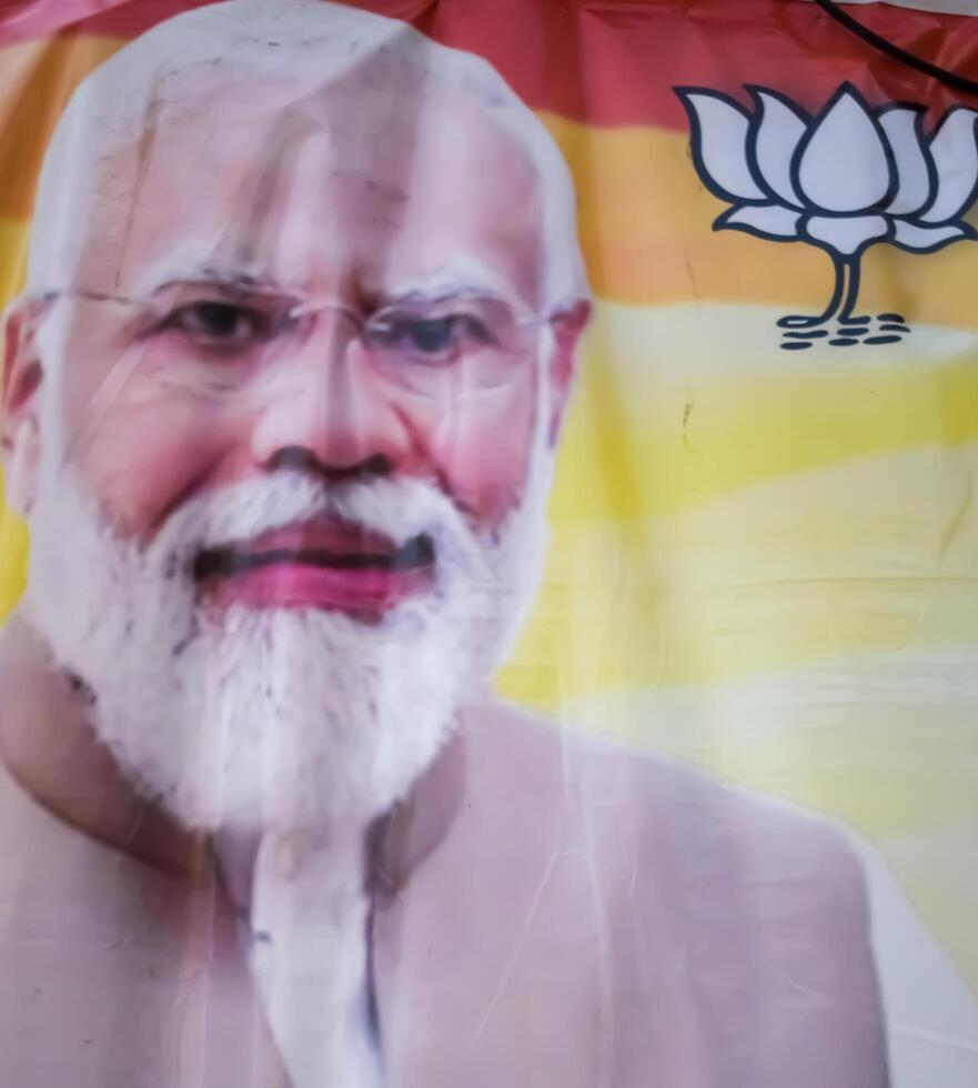 New Delhi, India - May 17 2024 - Prime Minister Narendra Modi cut out during BJP road show, the poster of PM Modi while attending a big election rally in the capital photo