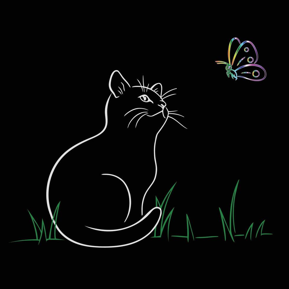 a cat and butterfly on a black background vector