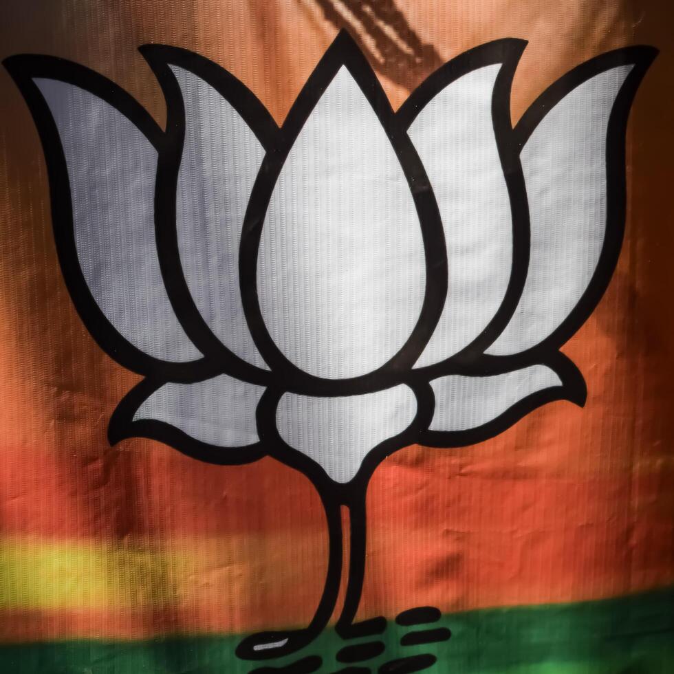 New Delhi, India - May 23 2024 - Bharatiya Janata Party Logo of Indian political party, BJP Bhartiya Janta Party Symbol during PM road show in Delhi, India, BJP Sign and Symbol photo