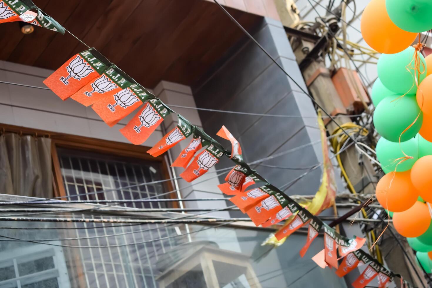 New Delhi, India - May 23 2024 - Bharatiya Janata Party Logo of Indian political party, BJP Bhartiya Janta Party Symbol during PM road show in Delhi, India, BJP Sign and Symbol photo