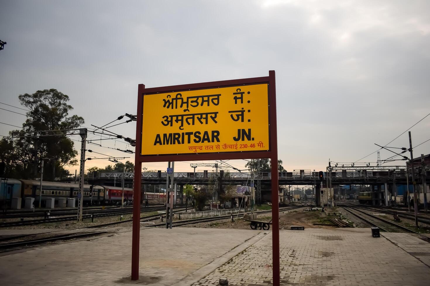 Amritsar, India, May 03 2024 - Amritsar railway station platform during morning time, Amritsar Railway station banner at Amritsar, Punjab railway station photo