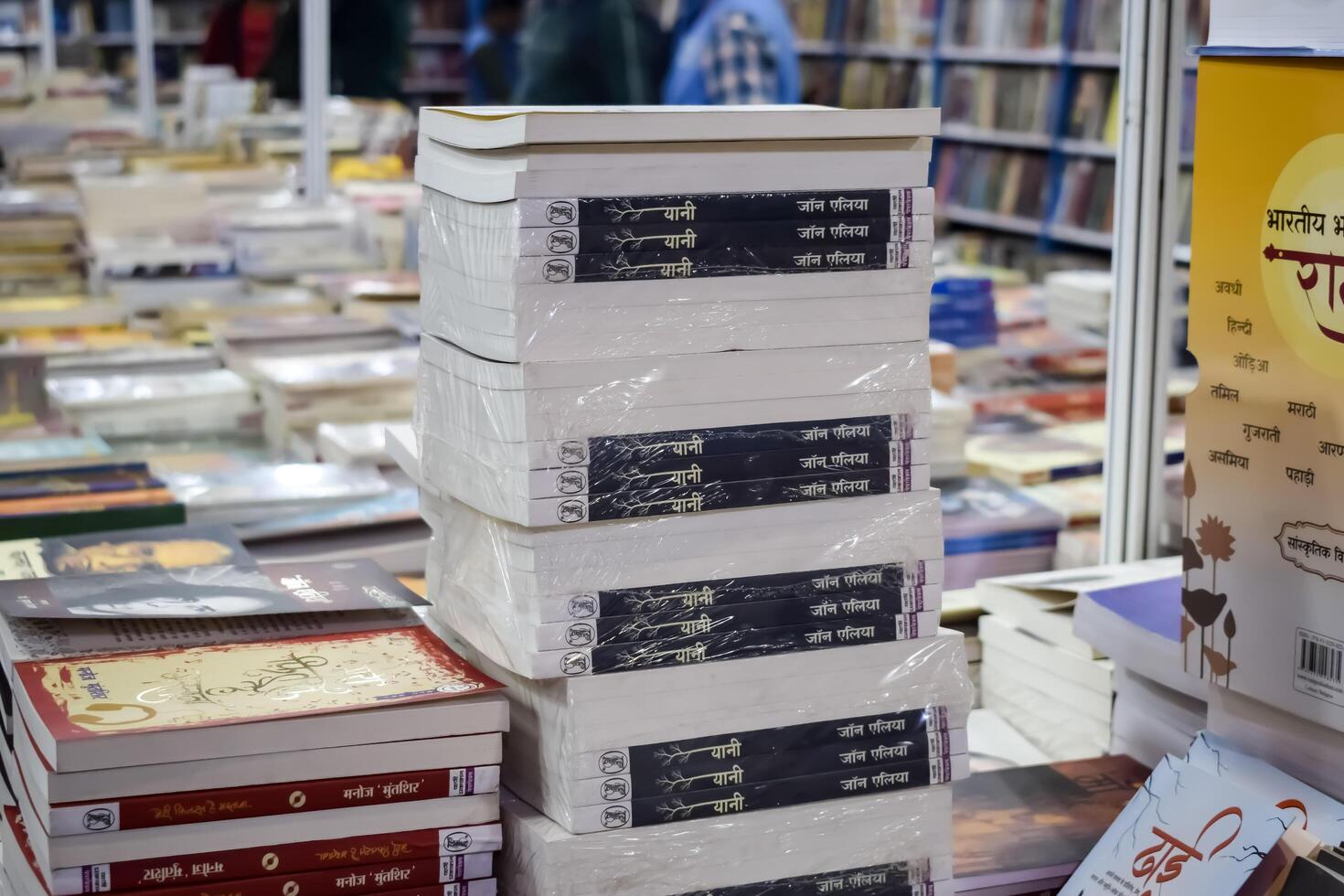 New Delhi, India, February 17 2024 - Variety of Books on shelf inside a book-stall at Delhi International Book Fair, Selection of books on display in Annual Book Fair at Bharat Mandapam complex photo