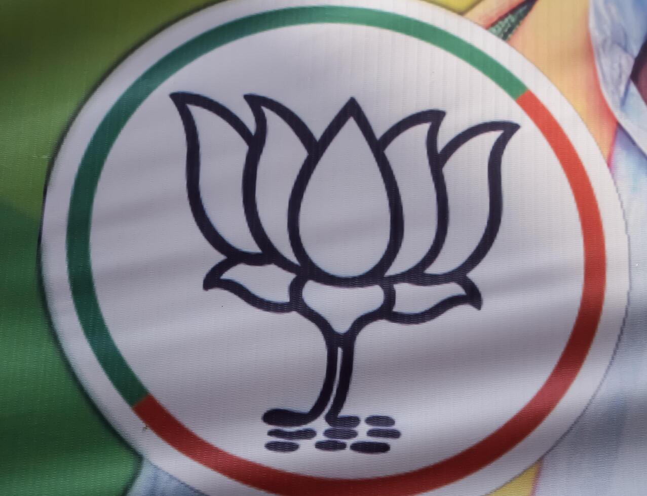 New Delhi, India - May 23 2024 - Bharatiya Janata Party Logo of Indian political party, BJP Bhartiya Janta Party Symbol during PM road show in Delhi, India, BJP Sign and Symbol photo
