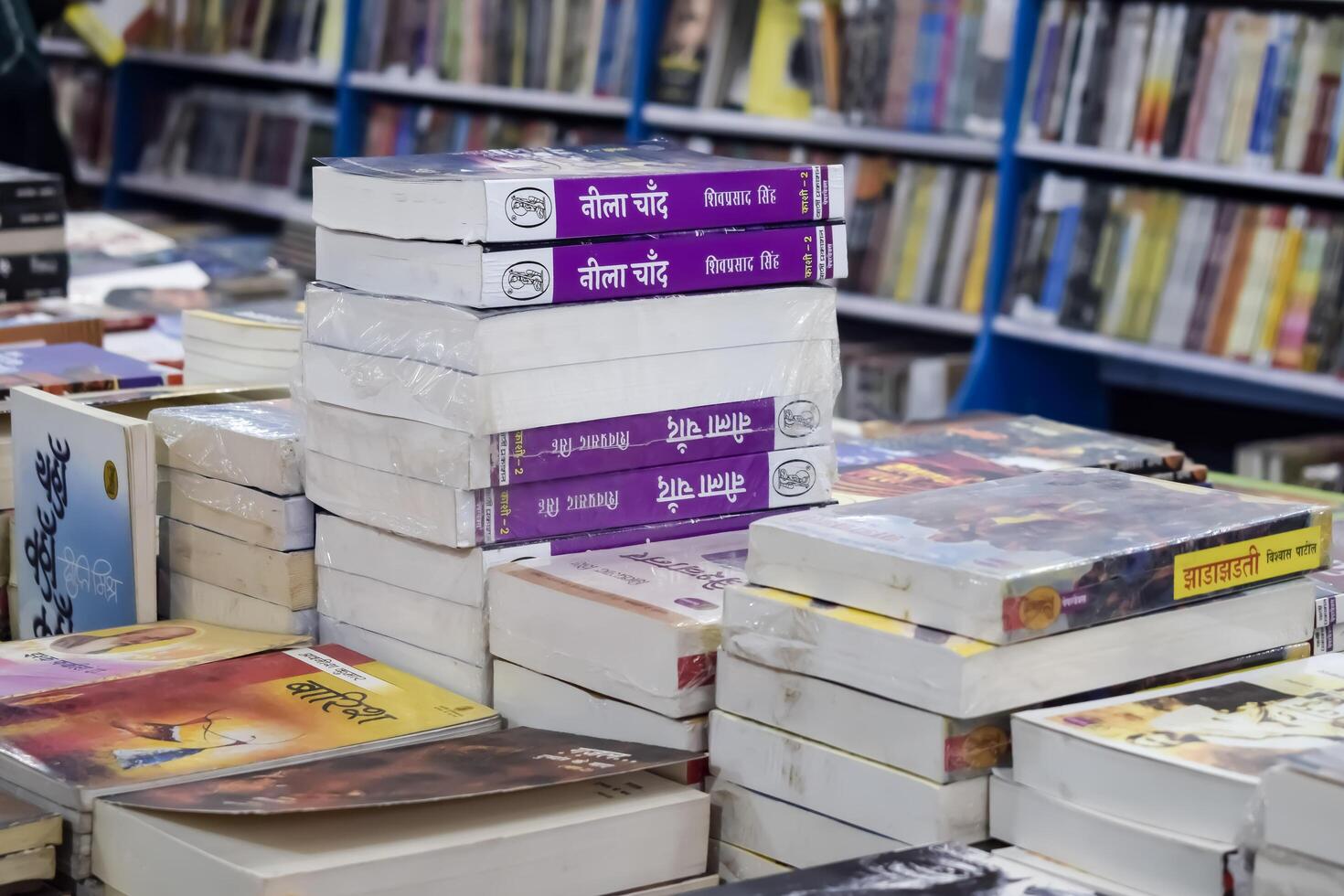 New Delhi, India, February 17 2024 - Variety of Books on shelf inside a book-stall at Delhi International Book Fair, Selection of books on display in Annual Book Fair at Bharat Mandapam complex photo