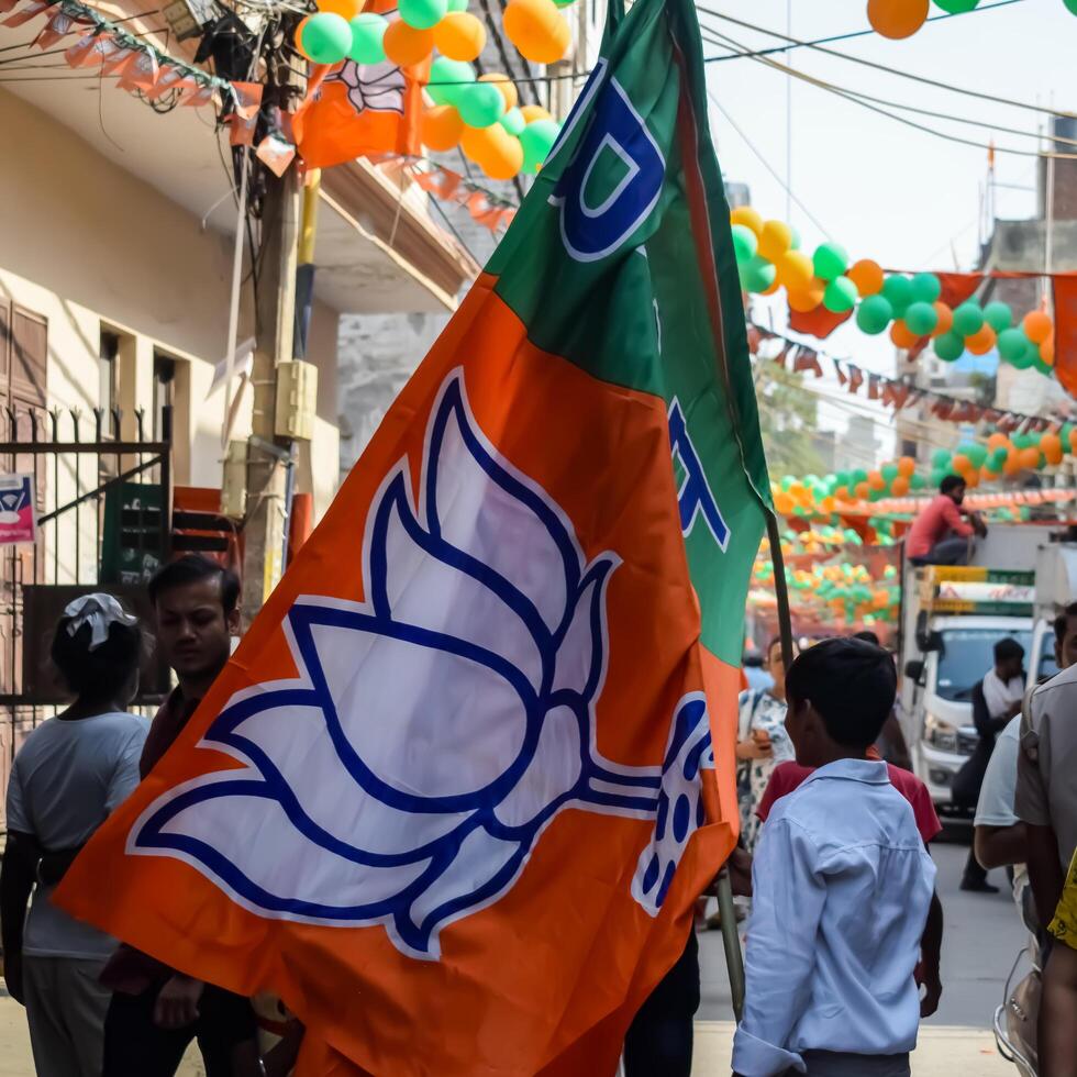 New Delhi, India - May 17 2024 - Thousands of people collected during Prime Minister Narendra Modi BJP road show, people during PM Modi big election rally in the capital photo