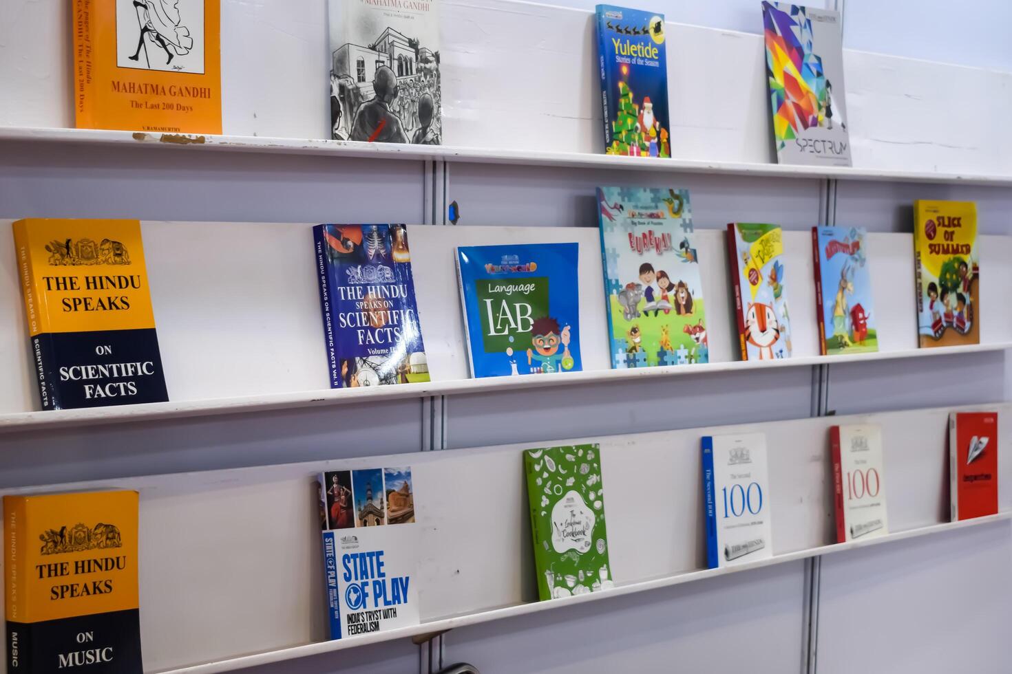New Delhi, India, February 17 2024 - Variety of Books on shelf inside a book-stall at Delhi International Book Fair, Selection of books on display in Annual Book Fair at Bharat Mandapam complex photo