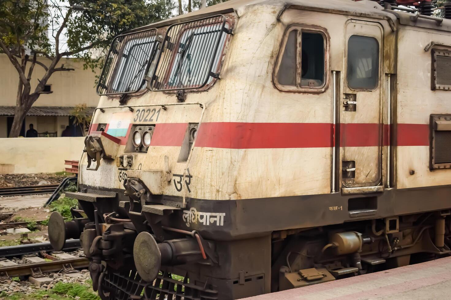 Amritsar, India, February 03 2024 - Indian train electric locomotive engine at Amritsar railway station during the day time, Amritsar Shatabdi train electrical locomotive engine photo
