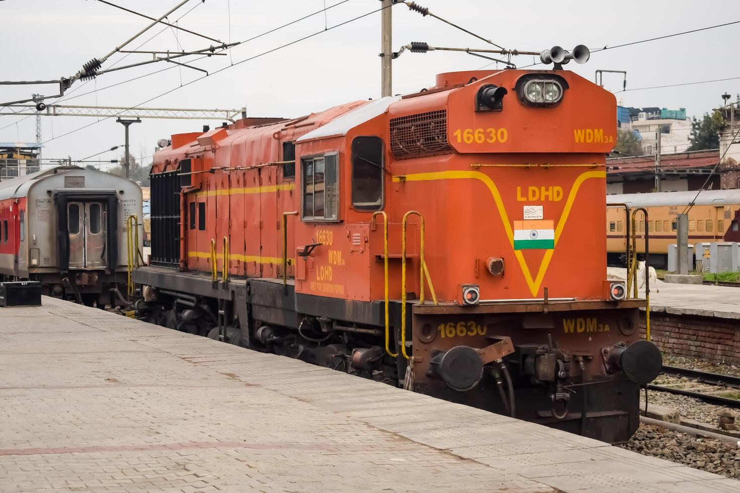 Amritsar, India, February 03 2024 - Indian train electric locomotive engine at Amritsar railway station during the day time, Amritsar Shatabdi train electrical locomotive engine photo