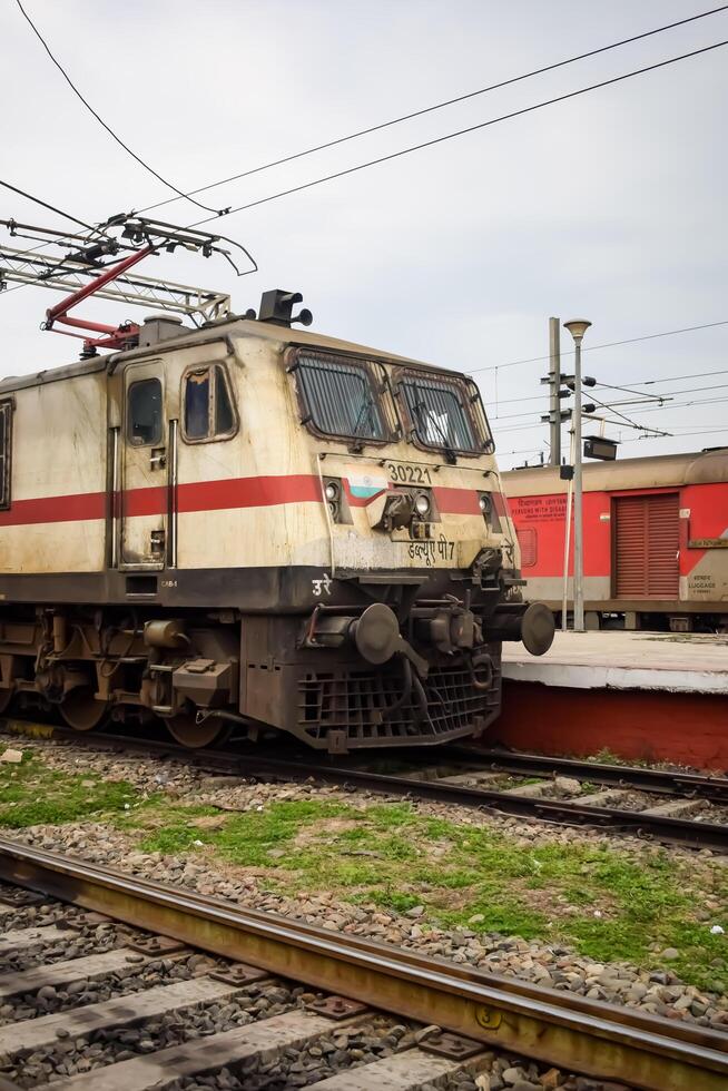 Amritsar, India, February 03 2024 - Indian train electric locomotive engine at Amritsar railway station during the day time, Amritsar Shatabdi train electrical locomotive engine photo