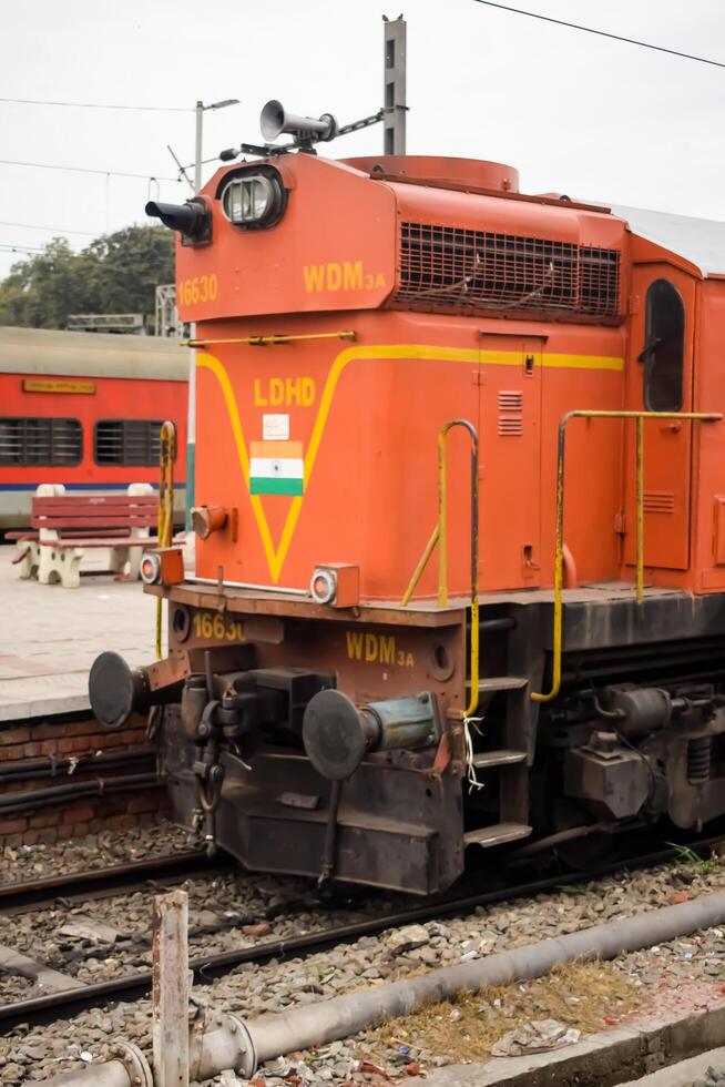 Amritsar, India, February 03 2024 - Indian train electric locomotive engine at Amritsar railway station during the day time, Amritsar Shatabdi train electrical locomotive engine photo