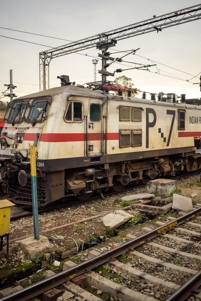 Amritsar, India, February 03 2024 - Indian train electric locomotive engine at Amritsar railway station during the day time, Amritsar Shatabdi train electrical locomotive engine photo