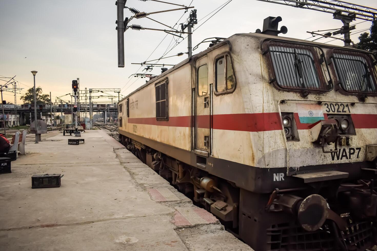 Amritsar, India, February 03 2024 - Indian train electric locomotive engine at Amritsar railway station during the day time, Amritsar Shatabdi train electrical locomotive engine photo