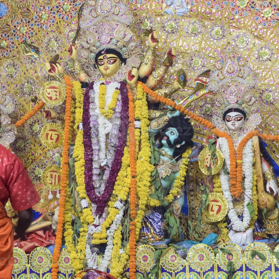 Goddess Durga with traditional look in close up view at a South Kolkata Durga Puja, Durga Puja Idol, A biggest Hindu Navratri festival in India photo