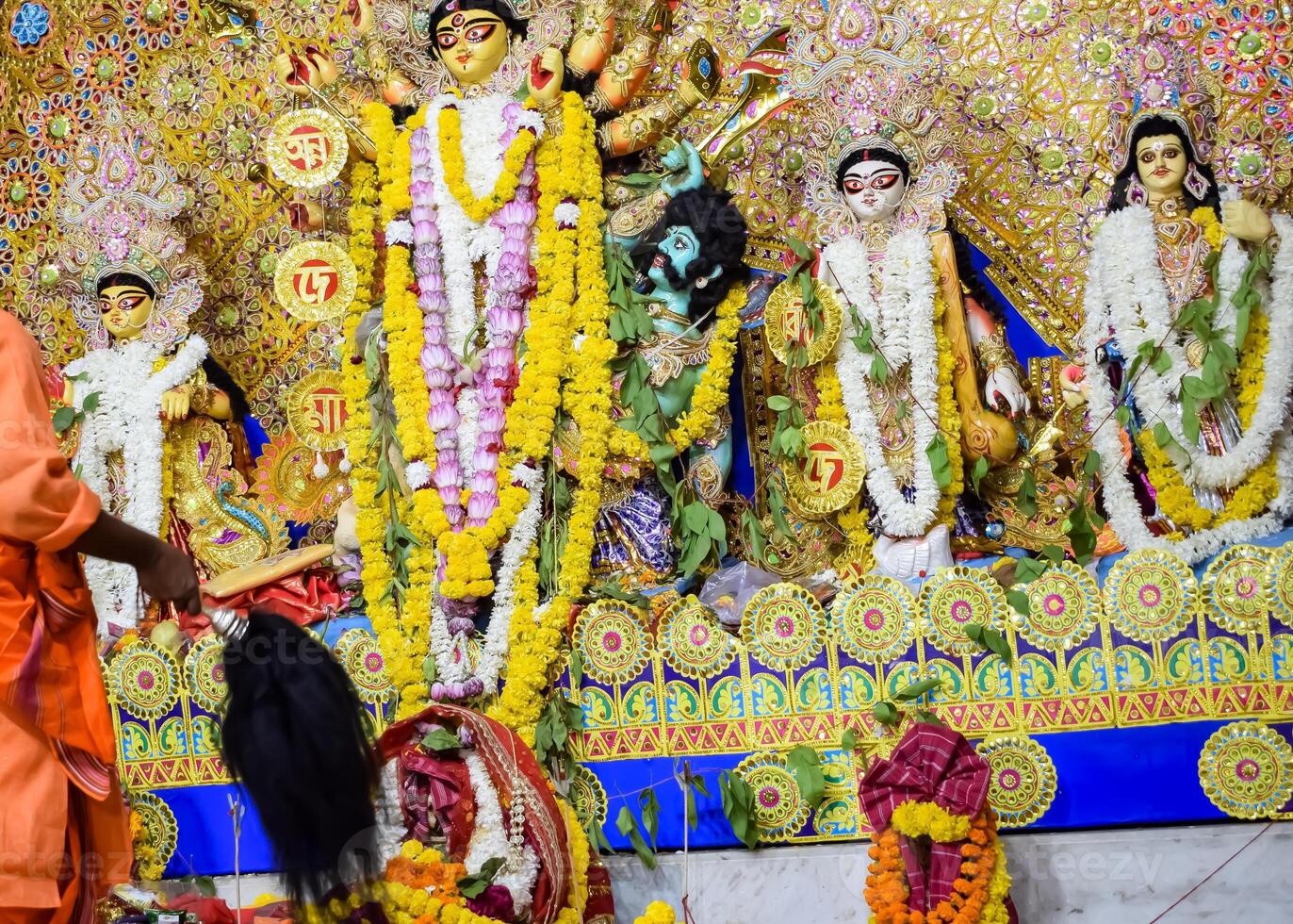 Goddess Durga with traditional look in close up view at a South Kolkata Durga Puja, Durga Puja Idol, A biggest Hindu Navratri festival in India photo