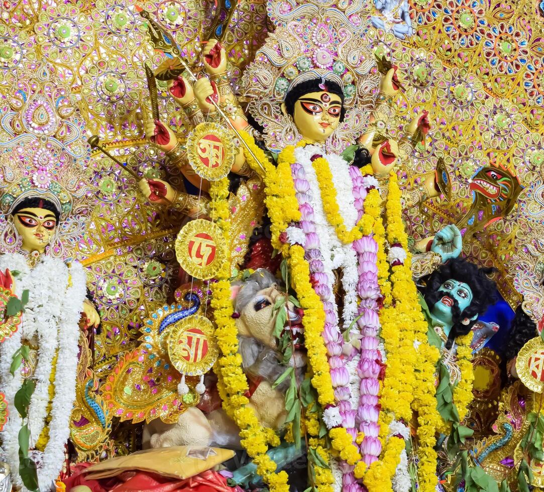 Goddess Durga with traditional look in close up view at a South Kolkata Durga Puja, Durga Puja Idol, A biggest Hindu Navratri festival in India photo
