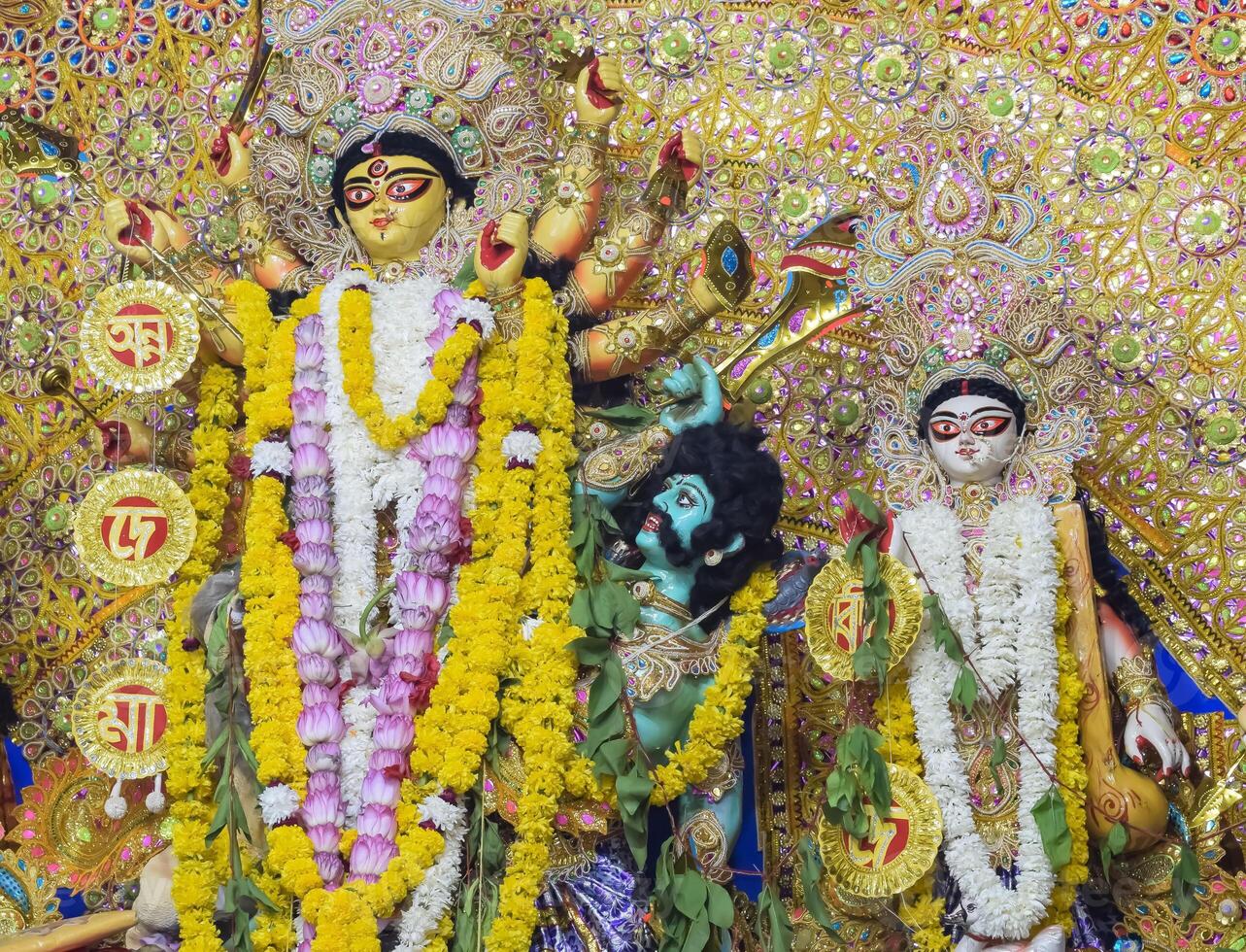 Goddess Durga with traditional look in close up view at a South Kolkata Durga Puja, Durga Puja Idol, A biggest Hindu Navratri festival in India photo