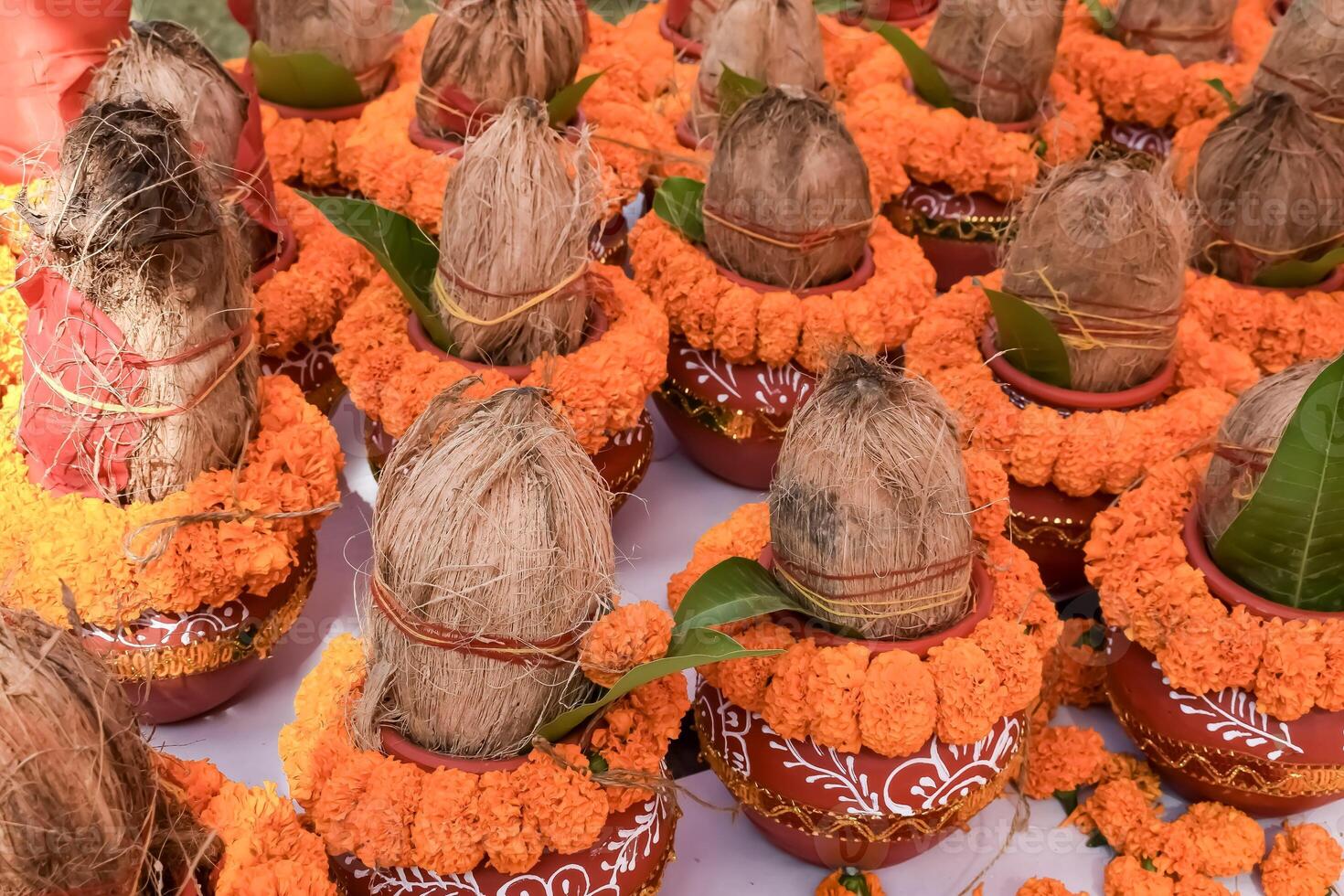 Kalash with coconut and mango leaf with floral decoration earthen pots containing sacred water. Kalash for hindu puja during Jagannath Temple Mangal Kalash Yatra, front view, closeup photo