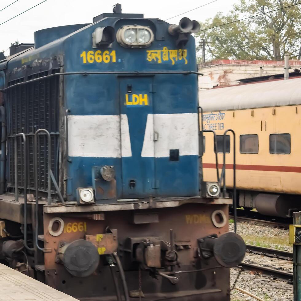 Amritsar, India, February 03 2024 - Indian train electric locomotive engine at Amritsar railway station during the day time, Amritsar Shatabdi train electrical locomotive engine photo