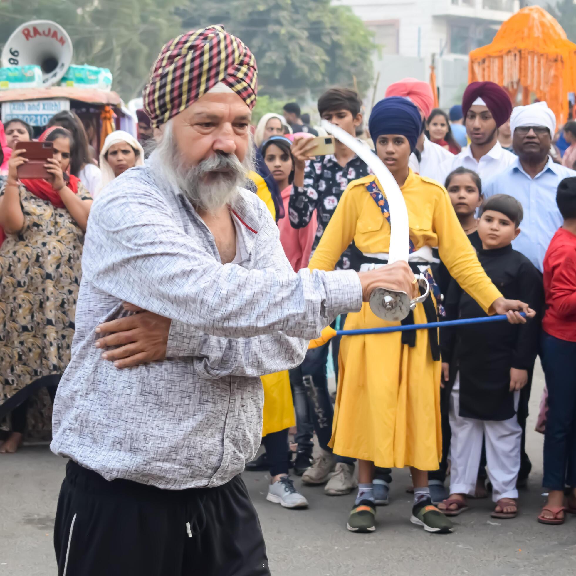 Delhi, India, May 2, 2024 Sikhs display gatka and martial arts during