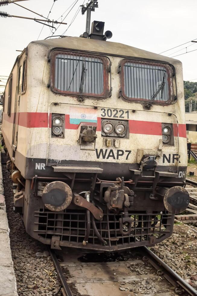 Amritsar, India, February 03 2024 - Indian train electric locomotive engine at Amritsar railway station during the day time, Amritsar Shatabdi train electrical locomotive engine photo