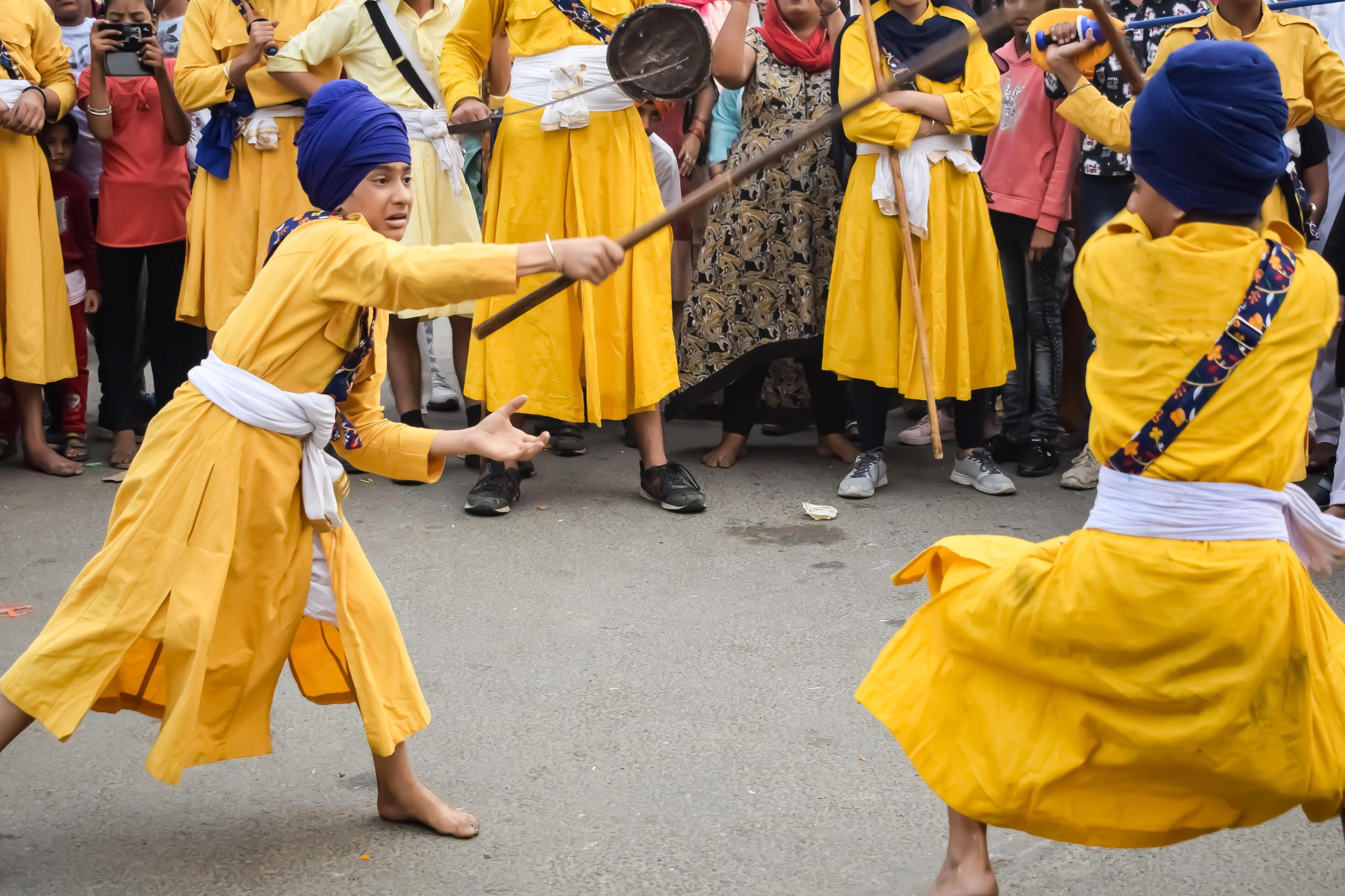 Delhi, India, May 2, 2024 Sikhs display gatka and martial arts during