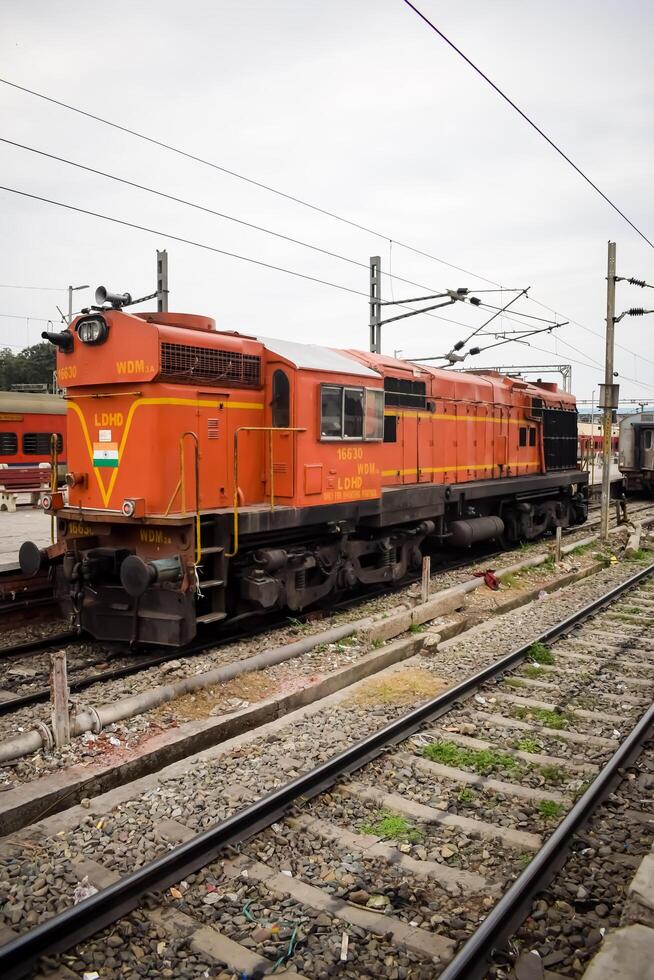 Amritsar, India, February 03 2024 - Indian train electric locomotive engine at Amritsar railway station during the day time, Amritsar Shatabdi train electrical locomotive engine photo