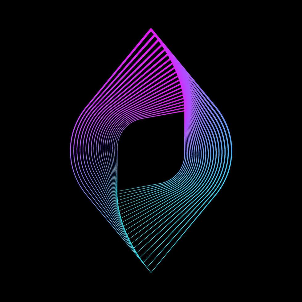 Dynamic abstract in diamond shape with pink and blue gradient color lines on black background. vector