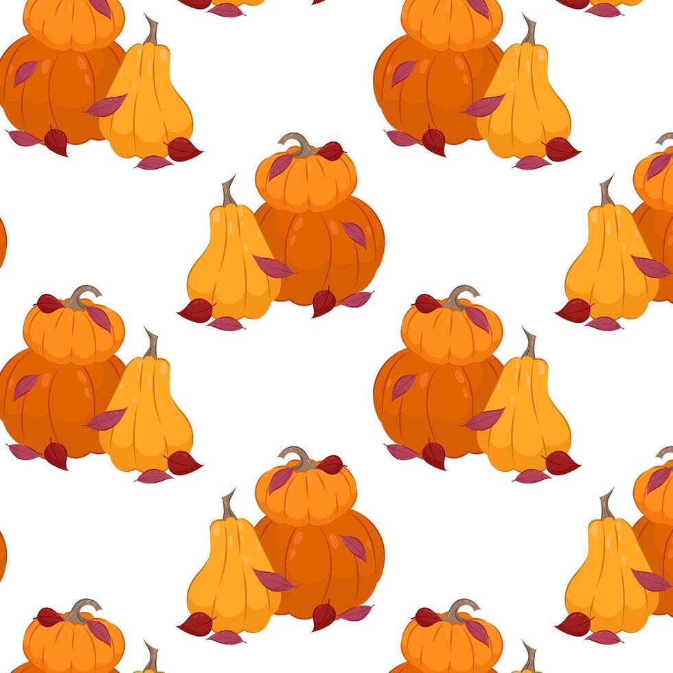 Pattern with orange pumpkins and leaves. Autumn background. Composition of pumpkins in flat style on a white background. Pattern for textile, wrapping paper, background. vector