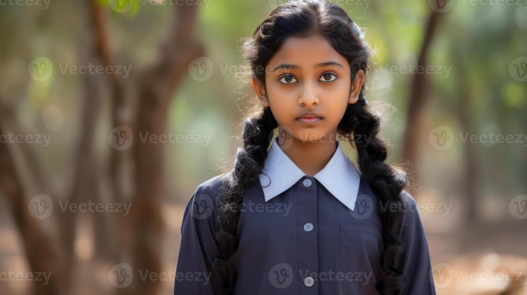 Portrait of happy indian girl with school bag standing outdoor. Neural network photo