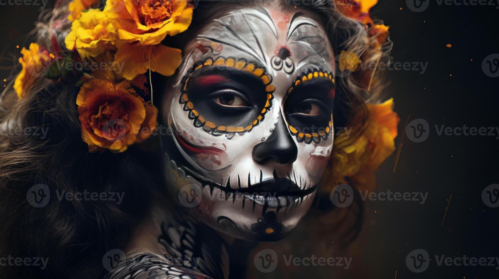 Day of the Dead illustration with sugar skull girl in decorative flower wreath. Neural network photo
