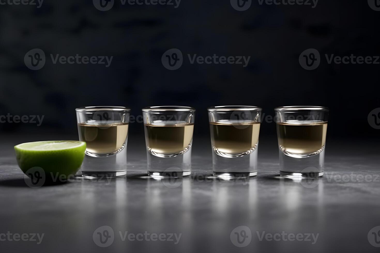Shot glasses with tequila on bar counter. Neural network photo