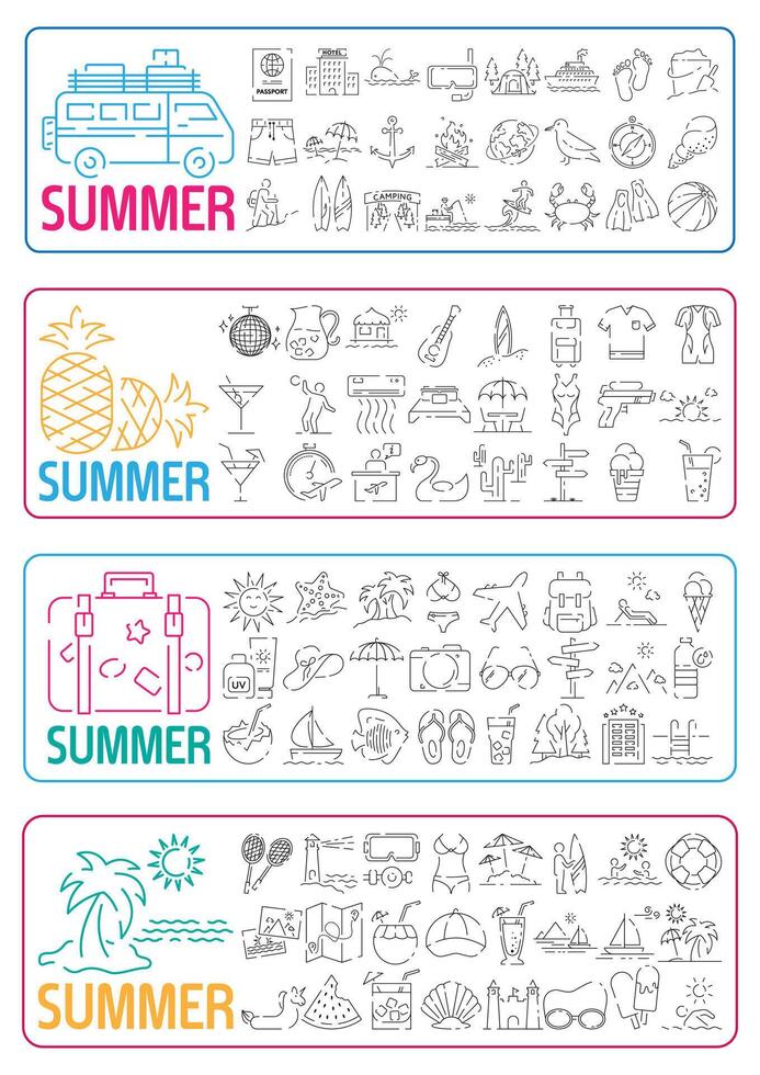 Thin line icons big set of summer, vacation and beach. Summer travel illustration. vector