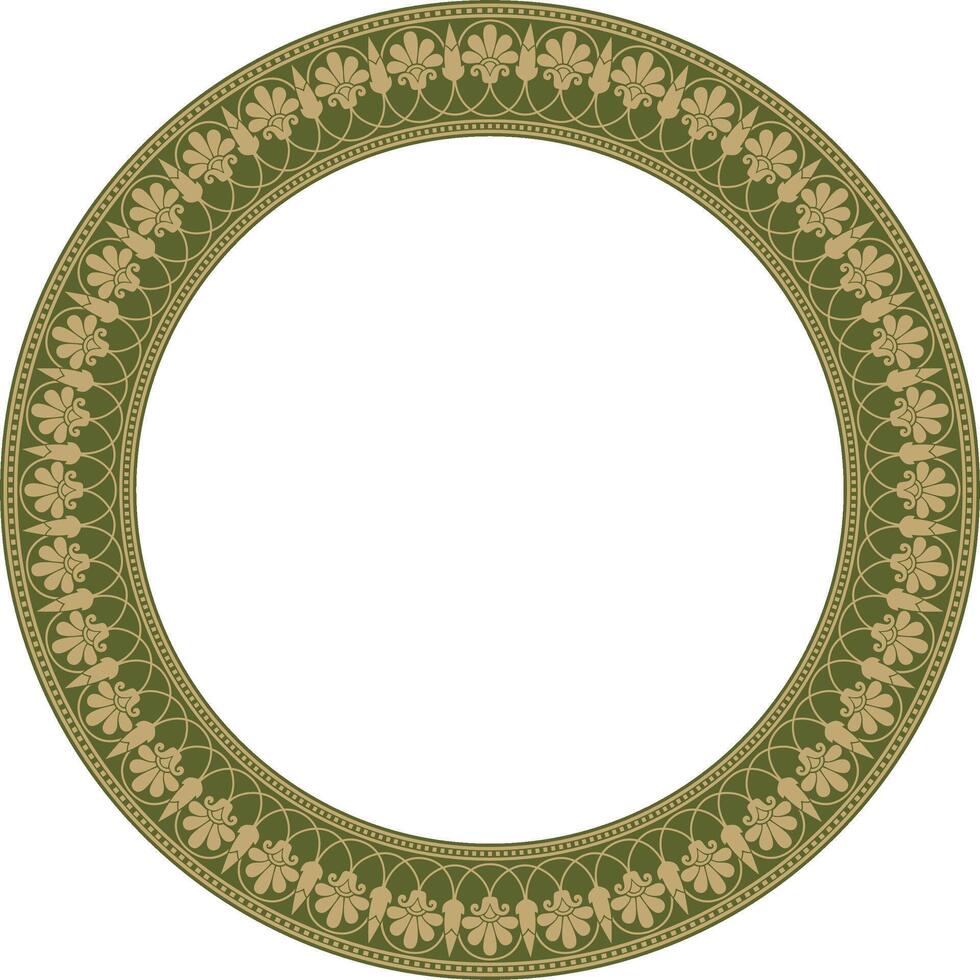gold and green round classical Greek meander ornament. Pattern, circle of Ancient Greece. Border, frame, ring of the Roman Empire. vector