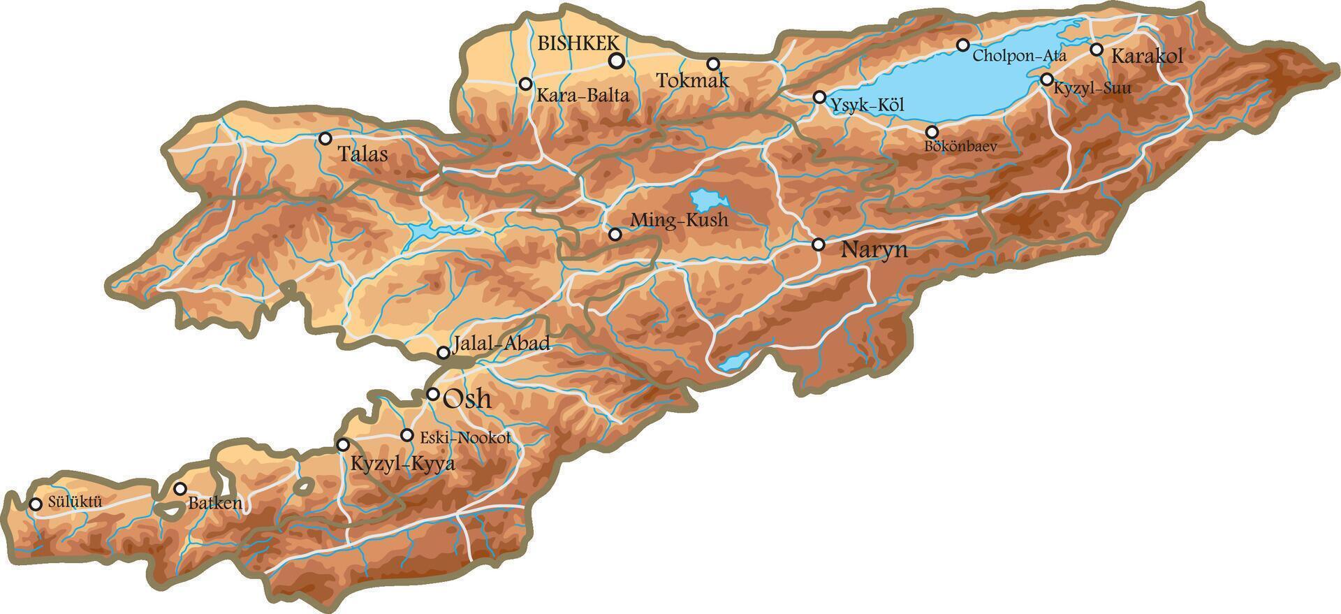 physical map of the Republic of Kyrgyzstan. The territory of the state with large cities, roads, rivers and lakes. Issyk-Kul, Bishkek, Osh, Pamir. vector
