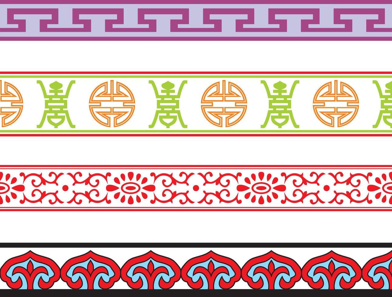 set of seamless chinese borders. Endless oriental ornaments, China, Hong Kong, Taiwan, Korea, Japan. vector