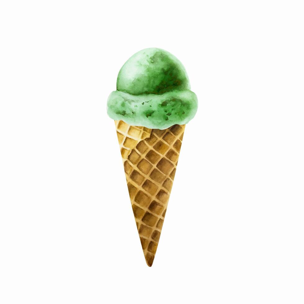 Scoop of pistachio, mint, apple ice cream in crispy waffle cone. Hand painting sweet watercolor illustration isolated on background. For designers, menu, shop, decorat vector