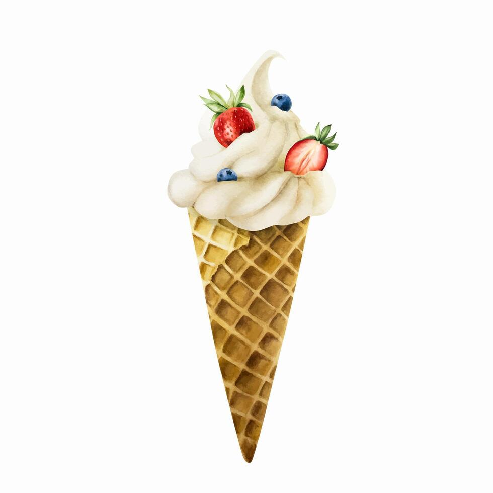 Soft vanilla ice cream in crispy waffle cone with strawberries, blueberries. Hand painting sweet watercolor illustration isolated on background. For designers, menu, shop, de vector